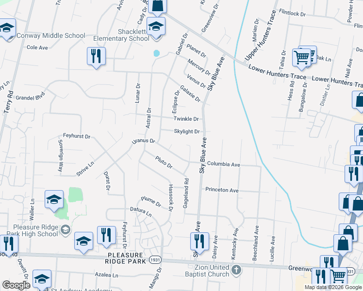 map of restaurants, bars, coffee shops, grocery stores, and more near 7005 Linton Court in Louisville