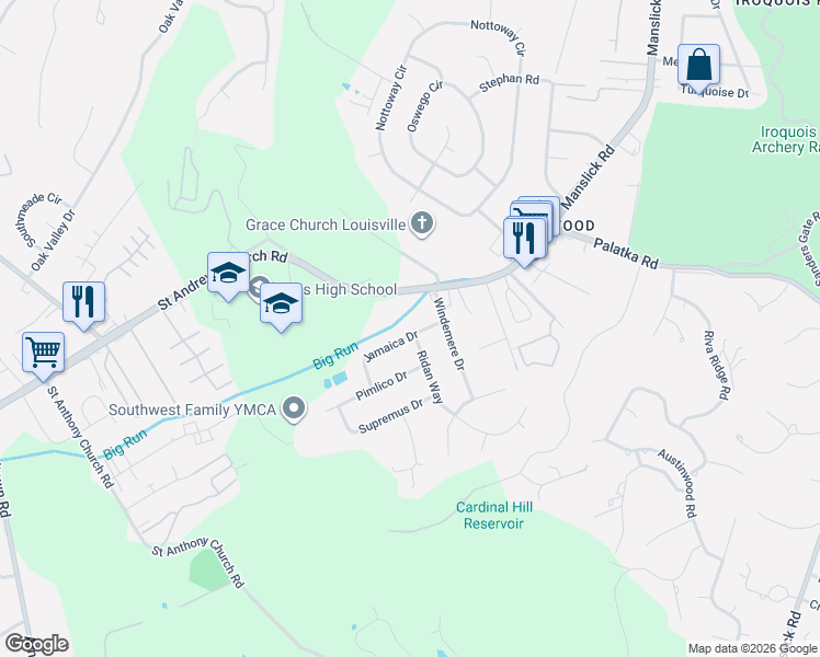 map of restaurants, bars, coffee shops, grocery stores, and more near 7431 Jamaica Drive in Louisville