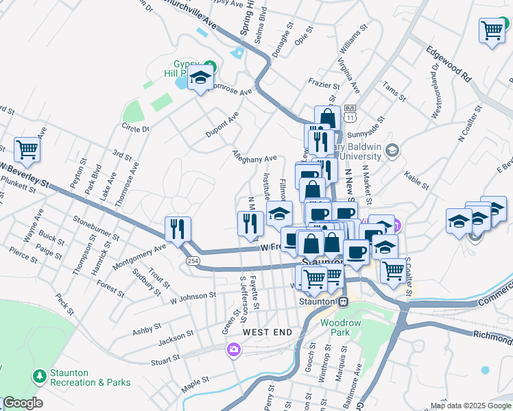 map of restaurants, bars, coffee shops, grocery stores, and more near 312 North Madison Street in Staunton