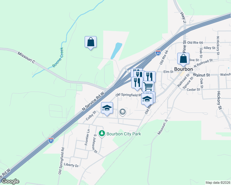 map of restaurants, bars, coffee shops, grocery stores, and more near 75 North Service Road West in Bourbon