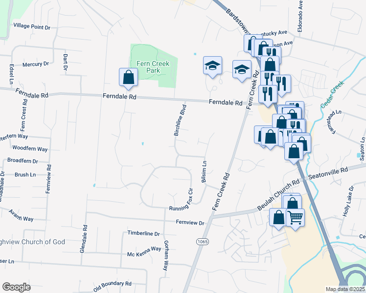 map of restaurants, bars, coffee shops, grocery stores, and more near 8710 Birchline Court in Louisville
