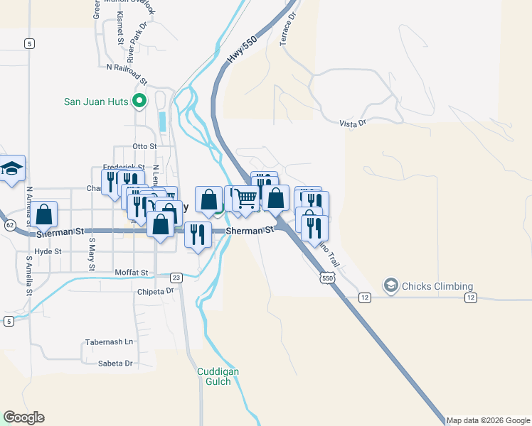 map of restaurants, bars, coffee shops, grocery stores, and more near 153 U.S. 550 in Ridgway