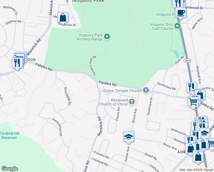 map of restaurants, bars, coffee shops, grocery stores, and more near 1048 Palatka Rd in Louisville