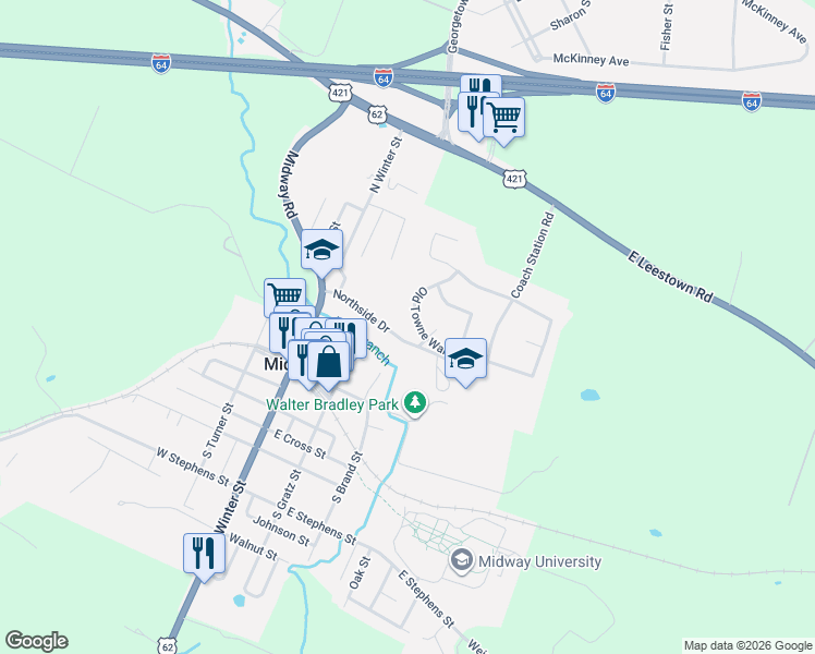 map of restaurants, bars, coffee shops, grocery stores, and more near 399 Northside Drive in Midway