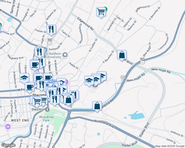 map of restaurants, bars, coffee shops, grocery stores, and more near 605 East Beverley Street in Staunton