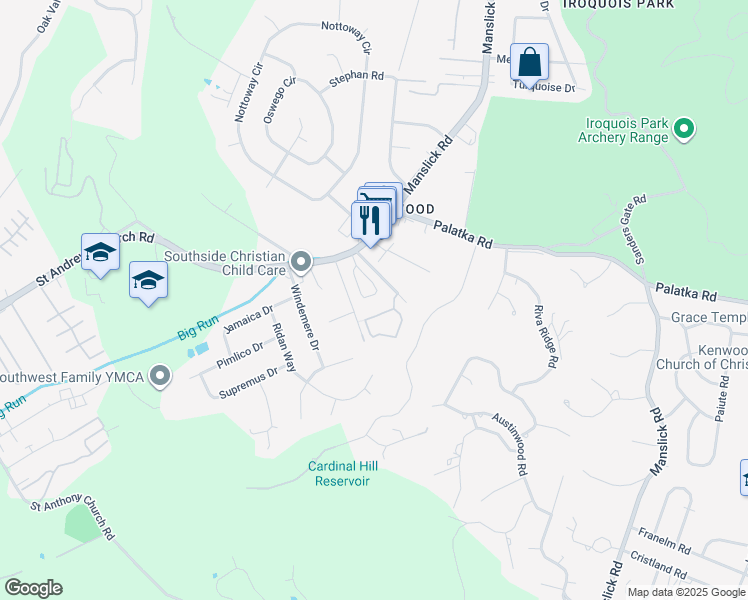 map of restaurants, bars, coffee shops, grocery stores, and more near 7345 Saint Andrews Church Road in Louisville
