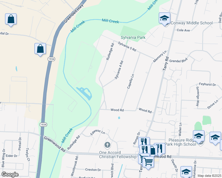map of restaurants, bars, coffee shops, grocery stores, and more near 6913 Sylvania 4 Road in Louisville