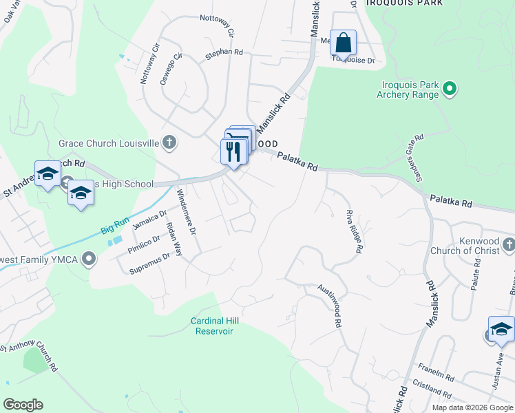 map of restaurants, bars, coffee shops, grocery stores, and more near 7300 Saint Andrews Woods Circle in Louisville