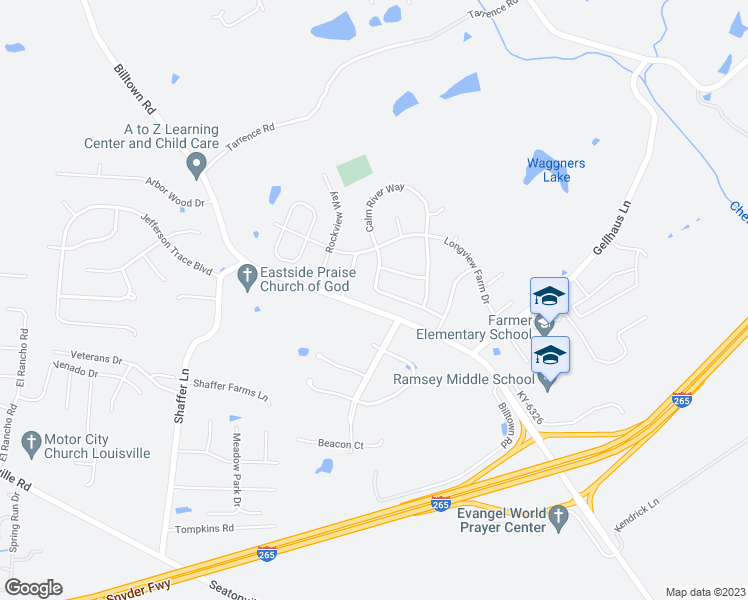 map of restaurants, bars, coffee shops, grocery stores, and more near 6526 Calm River Way in Louisville