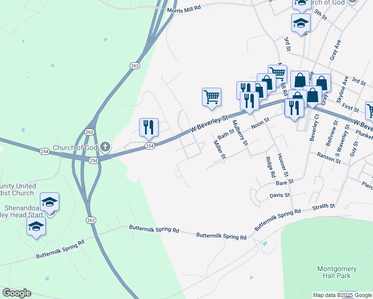 map of restaurants, bars, coffee shops, grocery stores, and more near 2614 Hanover St in Staunton