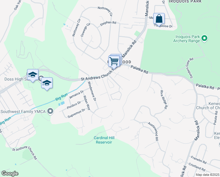 map of restaurants, bars, coffee shops, grocery stores, and more near 7345 Saint Andrews Church Road in Louisville