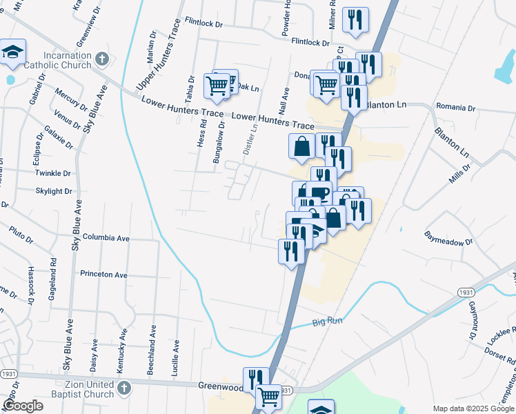 map of restaurants, bars, coffee shops, grocery stores, and more near 6703 Crawford Crossing Place in Louisville