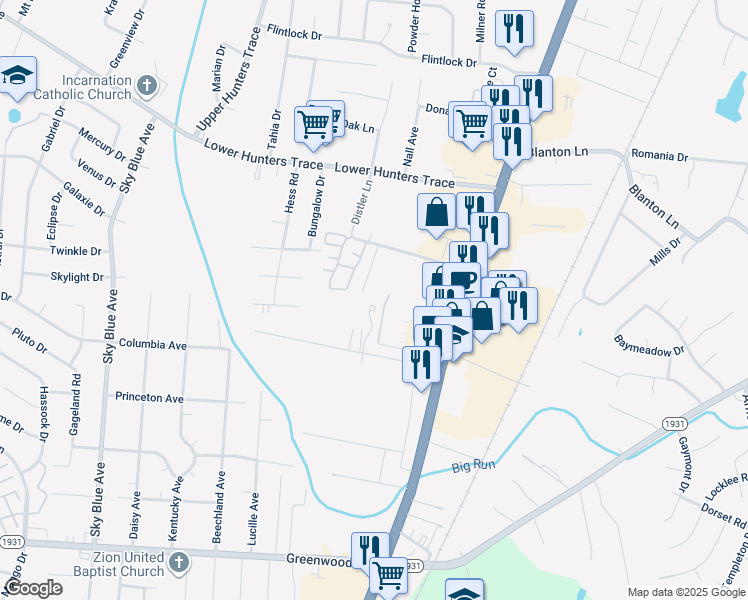 map of restaurants, bars, coffee shops, grocery stores, and more near 6701 Crawford Crossing Place in Louisville