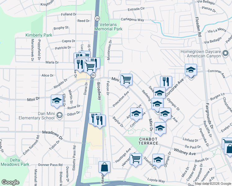 map of restaurants, bars, coffee shops, grocery stores, and more near 124 Purdue Drive in Vallejo