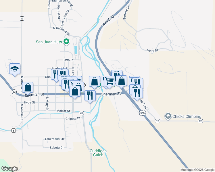 map of restaurants, bars, coffee shops, grocery stores, and more near 185 Sherman Street in Ridgway