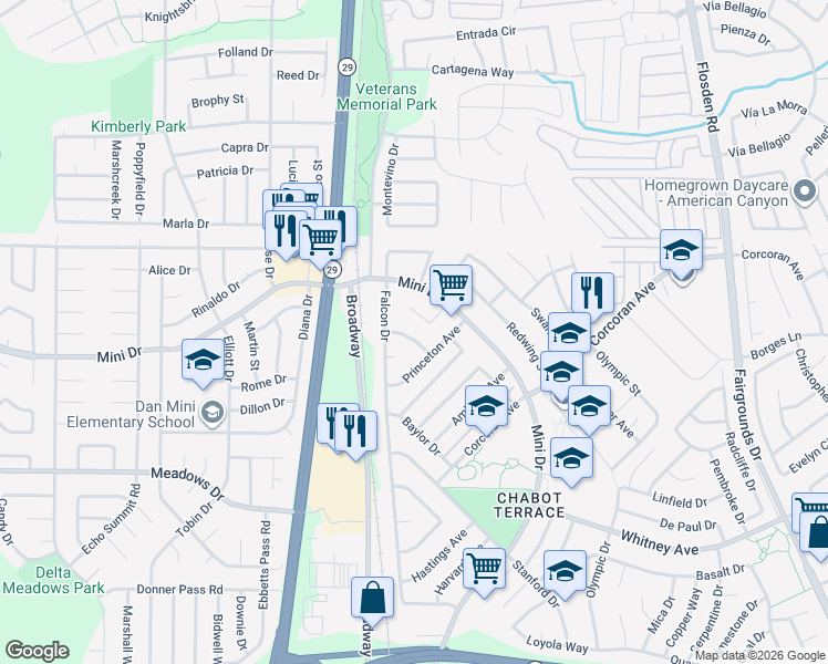 map of restaurants, bars, coffee shops, grocery stores, and more near 124 Purdue Drive in Vallejo