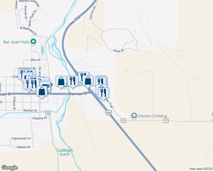 map of restaurants, bars, coffee shops, grocery stores, and more near 120 Redcliff Drive in Ridgway