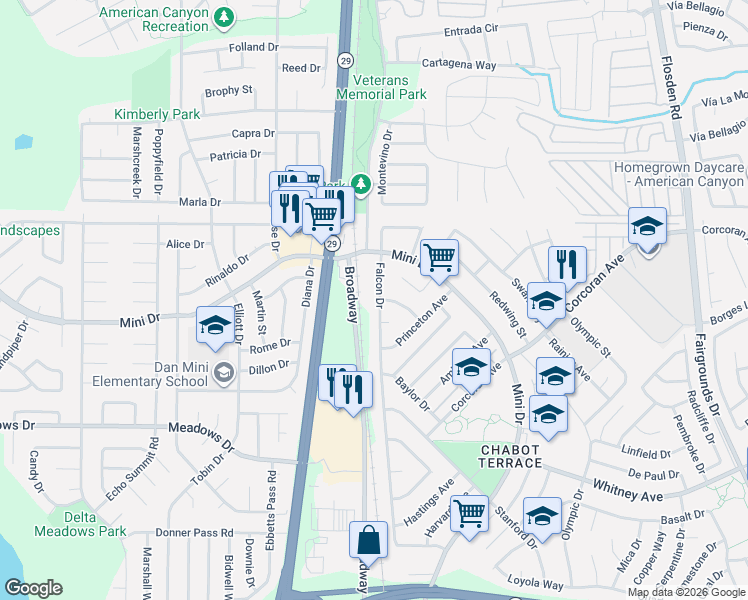 map of restaurants, bars, coffee shops, grocery stores, and more near 100 Purdue Drive in Vallejo