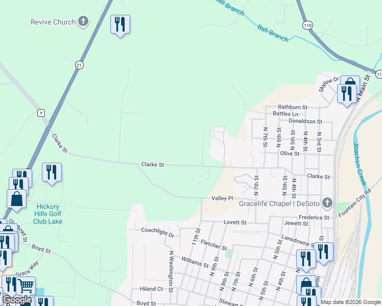 map of restaurants, bars, coffee shops, grocery stores, and more near 1108 Clarke Street in De Soto