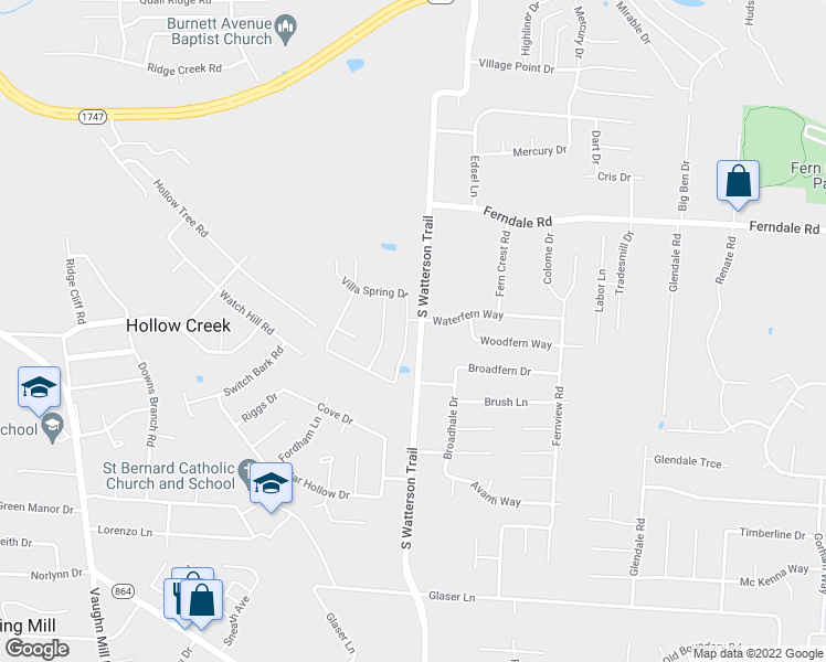 map of restaurants, bars, coffee shops, grocery stores, and more near 6605 Villa Spring Drive in Louisville