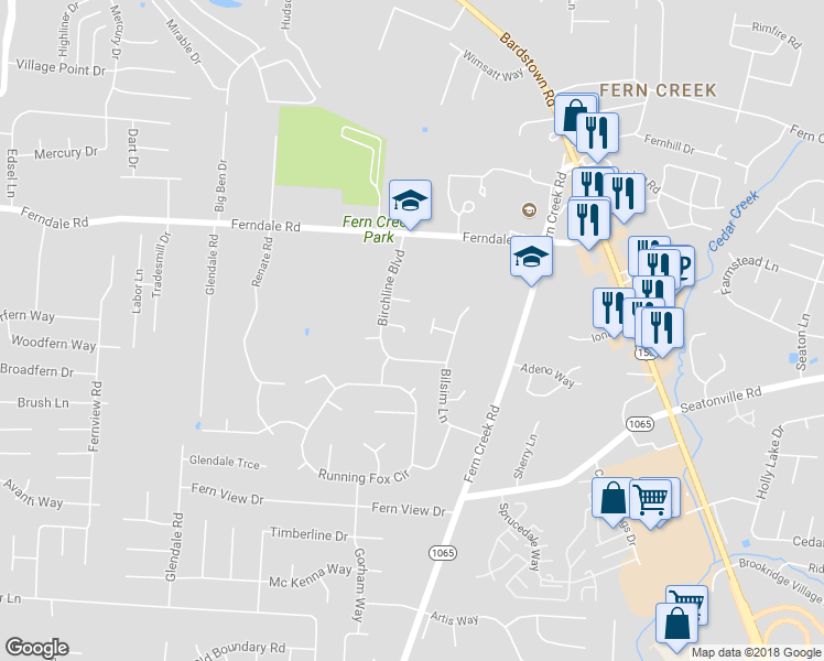 map of restaurants, bars, coffee shops, grocery stores, and more near 8710 Birchline Court in Louisville