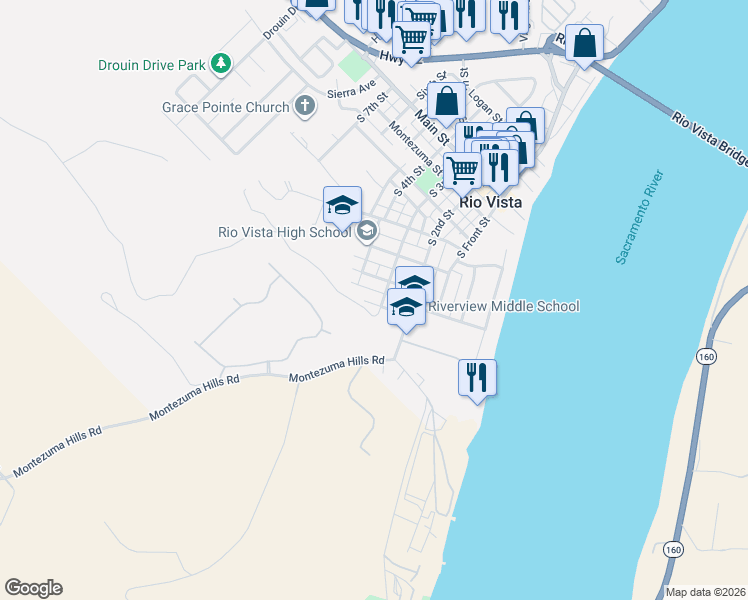 map of restaurants, bars, coffee shops, grocery stores, and more near 330 Santa Clara Avenue in Rio Vista