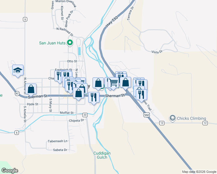 map of restaurants, bars, coffee shops, grocery stores, and more near 185 Sherman Street in Ridgway