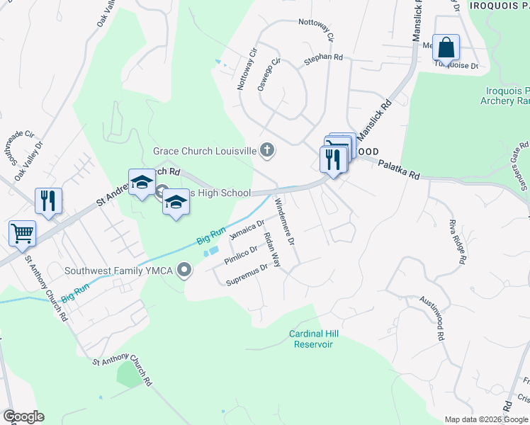 map of restaurants, bars, coffee shops, grocery stores, and more near 7431 Jamaica Drive in Louisville