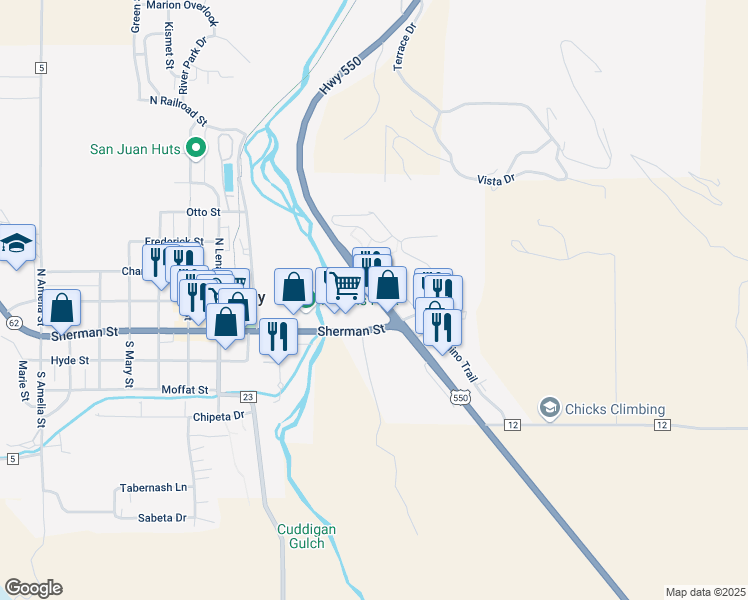 map of restaurants, bars, coffee shops, grocery stores, and more near 23652 U.S. 550 in Ridgway