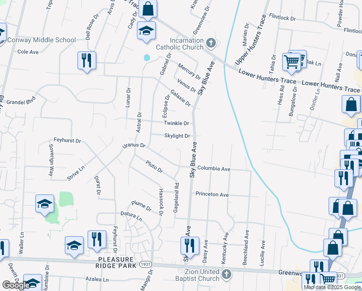 map of restaurants, bars, coffee shops, grocery stores, and more near 7005 Linton Court in Louisville