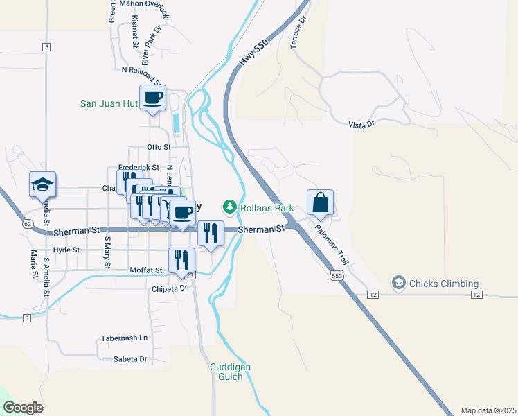 map of restaurants, bars, coffee shops, grocery stores, and more near 185 Sherman Street in Ridgway