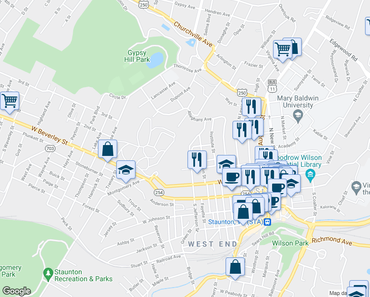 map of restaurants, bars, coffee shops, grocery stores, and more near 240 North Jefferson Street in Staunton