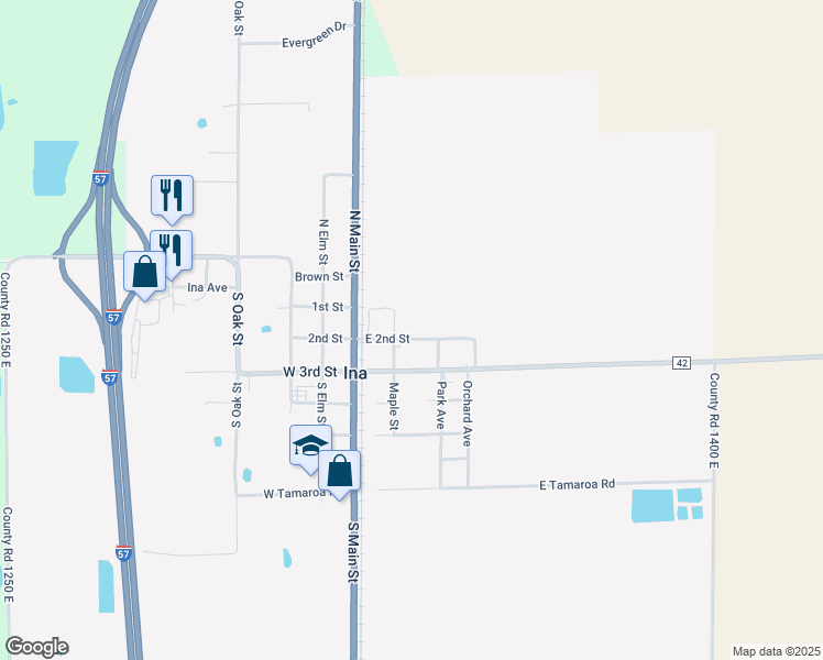 map of restaurants, bars, coffee shops, grocery stores, and more near 200-398 E 2nd St in Ina