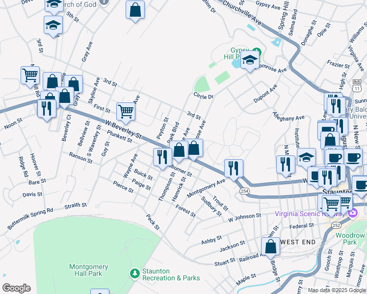 map of restaurants, bars, coffee shops, grocery stores, and more near 11 Lake Avenue in Staunton