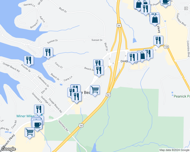 map of restaurants, bars, coffee shops, grocery stores, and more near Osage Beach Parkway North in Osage Beach