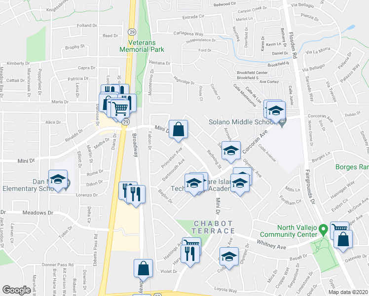 map of restaurants, bars, coffee shops, grocery stores, and more near 695 Mini Drive in Vallejo
