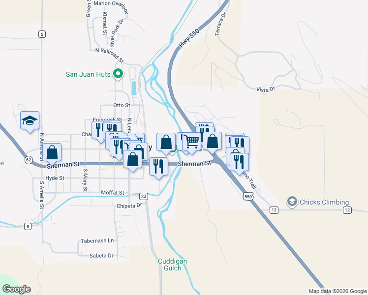 map of restaurants, bars, coffee shops, grocery stores, and more near 185 Sherman Street in Ridgway