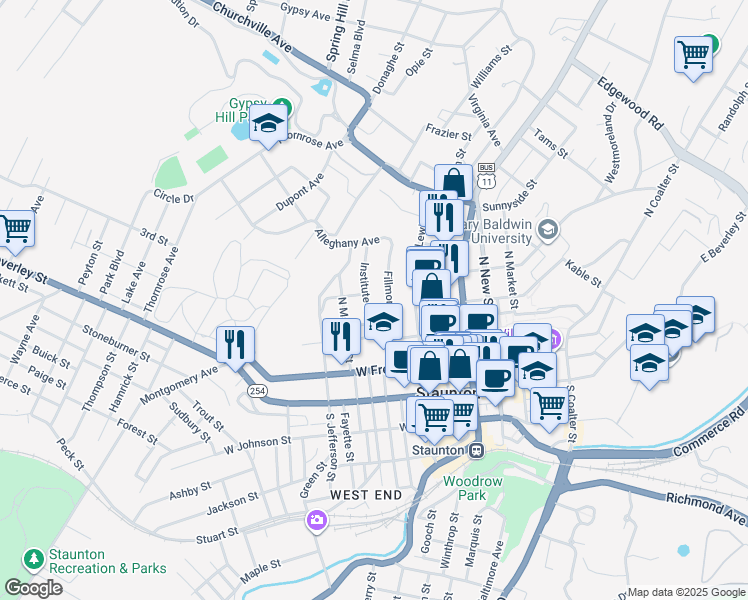 map of restaurants, bars, coffee shops, grocery stores, and more near 231 Institute St in Staunton