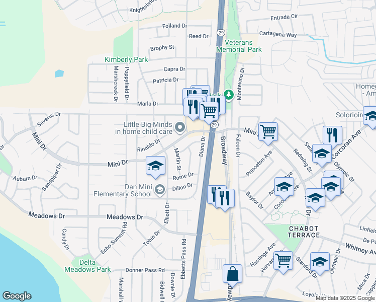 map of restaurants, bars, coffee shops, grocery stores, and more near 119 Melba Drive in Vallejo