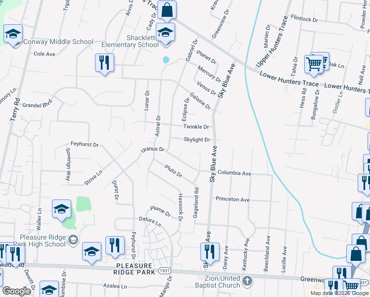 map of restaurants, bars, coffee shops, grocery stores, and more near 6700 Zeus Court in Louisville