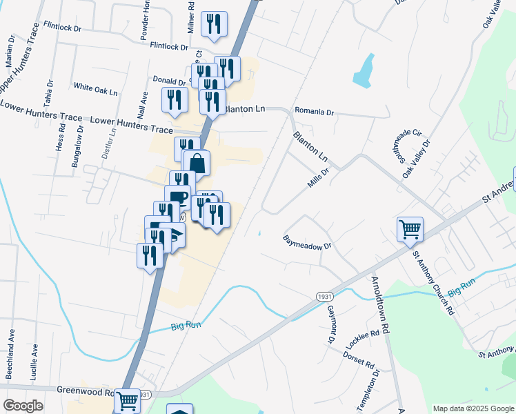 map of restaurants, bars, coffee shops, grocery stores, and more near 146 Mills Drive in Louisville