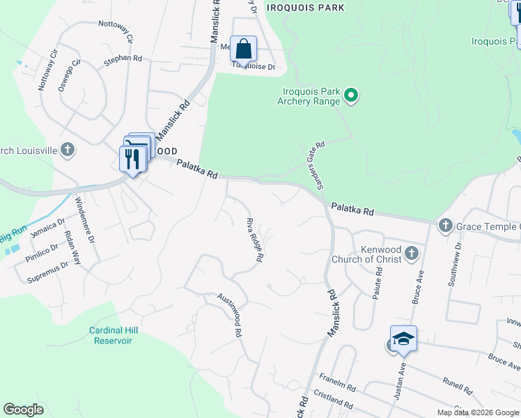 map of restaurants, bars, coffee shops, grocery stores, and more near 1917 Riva Ridge Road in Louisville