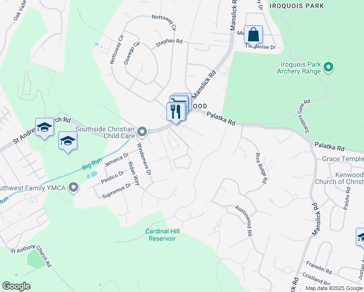 map of restaurants, bars, coffee shops, grocery stores, and more near 7345 Saint Andrews Church Road in Louisville