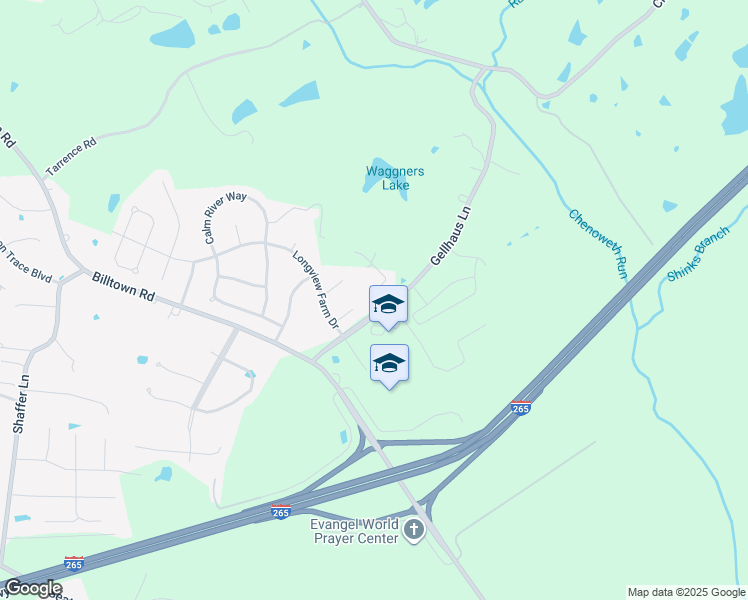 map of restaurants, bars, coffee shops, grocery stores, and more near 6408 Gellhaus Lane in Jeffersontown