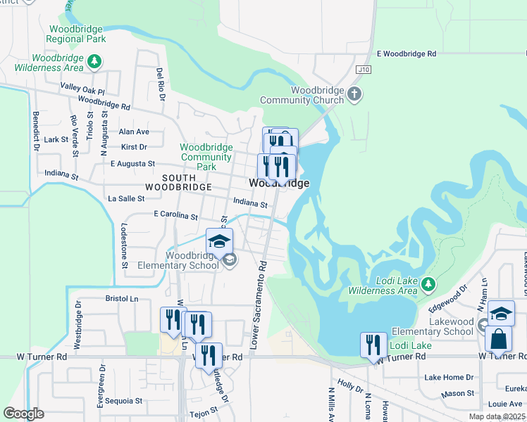 map of restaurants, bars, coffee shops, grocery stores, and more near 1060 Indiana Street in Woodbridge