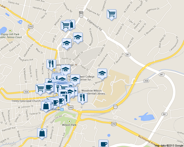map of restaurants, bars, coffee shops, grocery stores, and more near Pleasant Terrace in Staunton