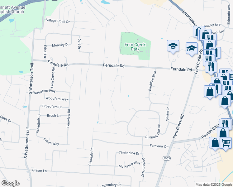 map of restaurants, bars, coffee shops, grocery stores, and more near 6535 Renate Road in Louisville