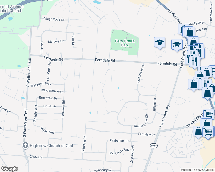 map of restaurants, bars, coffee shops, grocery stores, and more near 6535 Renate Road in Louisville