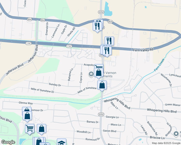 map of restaurants, bars, coffee shops, grocery stores, and more near 6720 Carribean Lane in Louisville