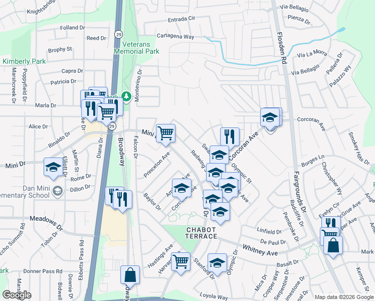 map of restaurants, bars, coffee shops, grocery stores, and more near 221 Redwing Street in Vallejo